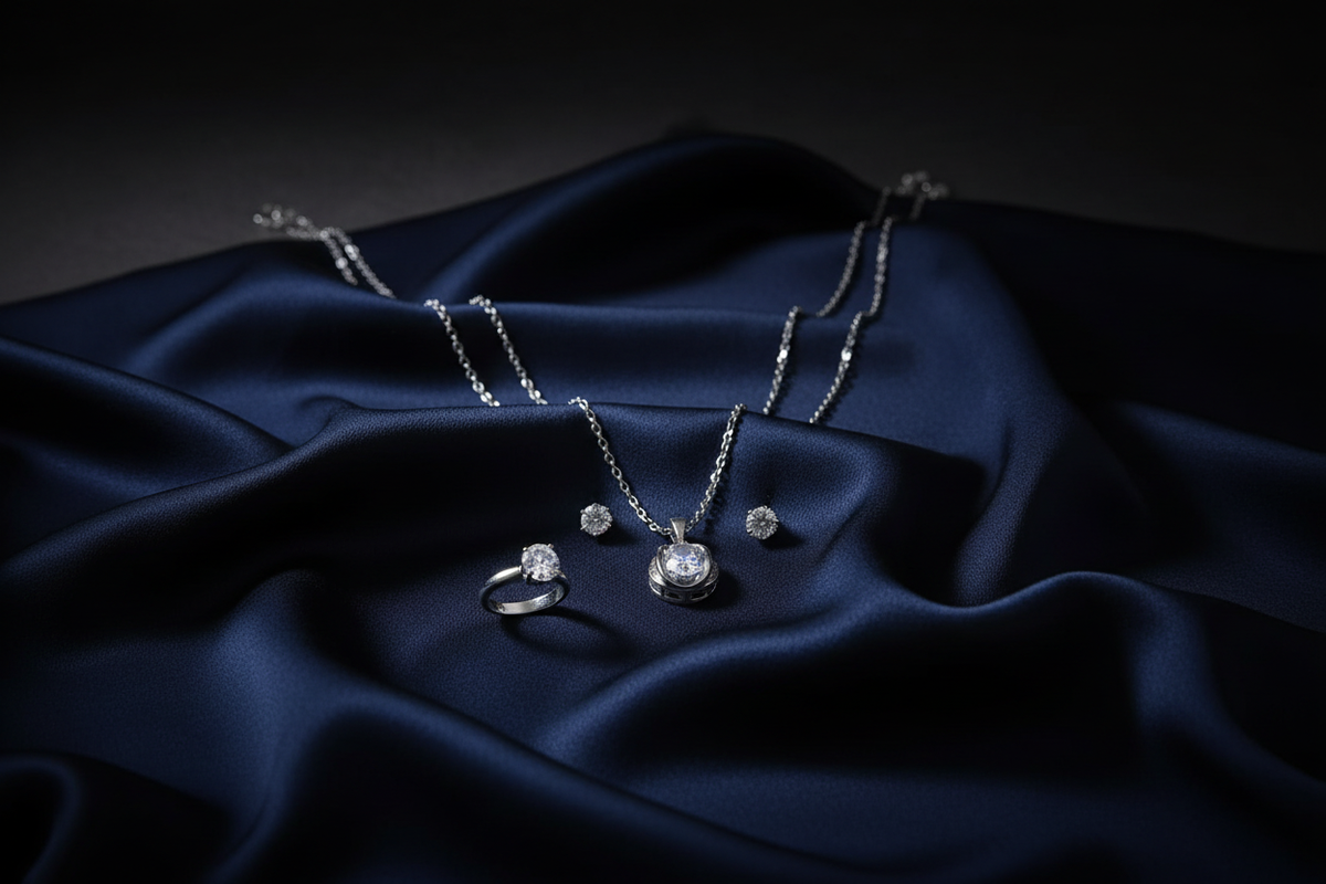 Silver zirconia jewelry set on dark navy fabric