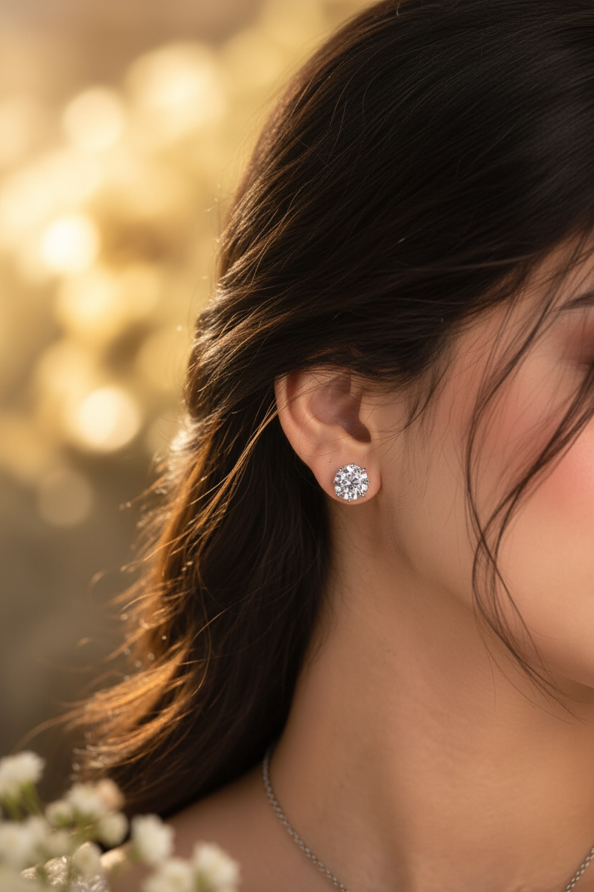 Woman wearing silver zirconia stud earrings
