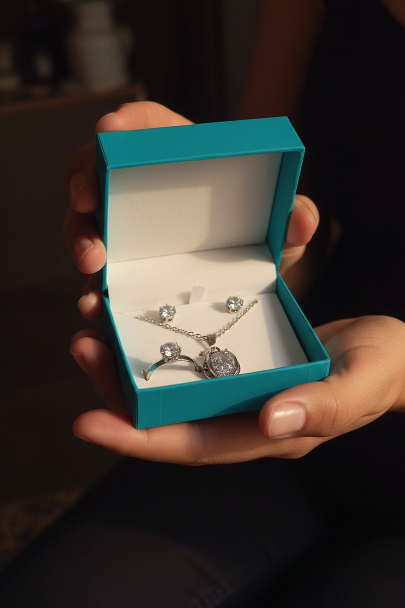 Hands holding teal gift box with silver jewelry set