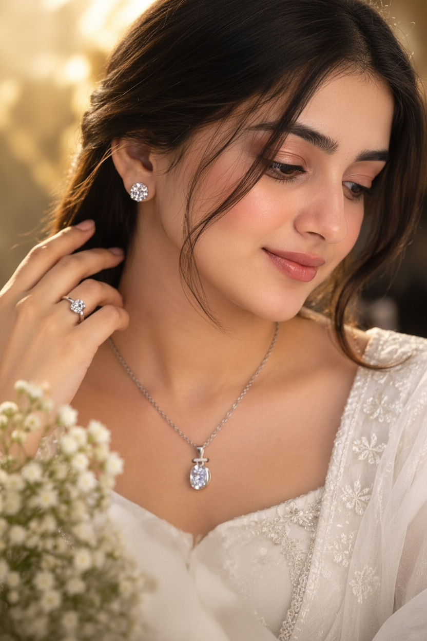 Woman wearing silver zirconia necklace