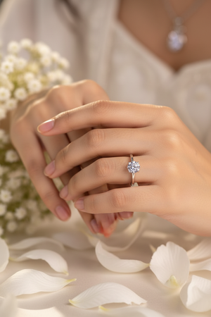 Woman wearing silver zirconia solitaire ring