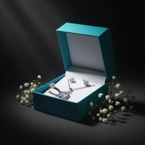 Silver zirconia jewelry set in teal gift box - side angle