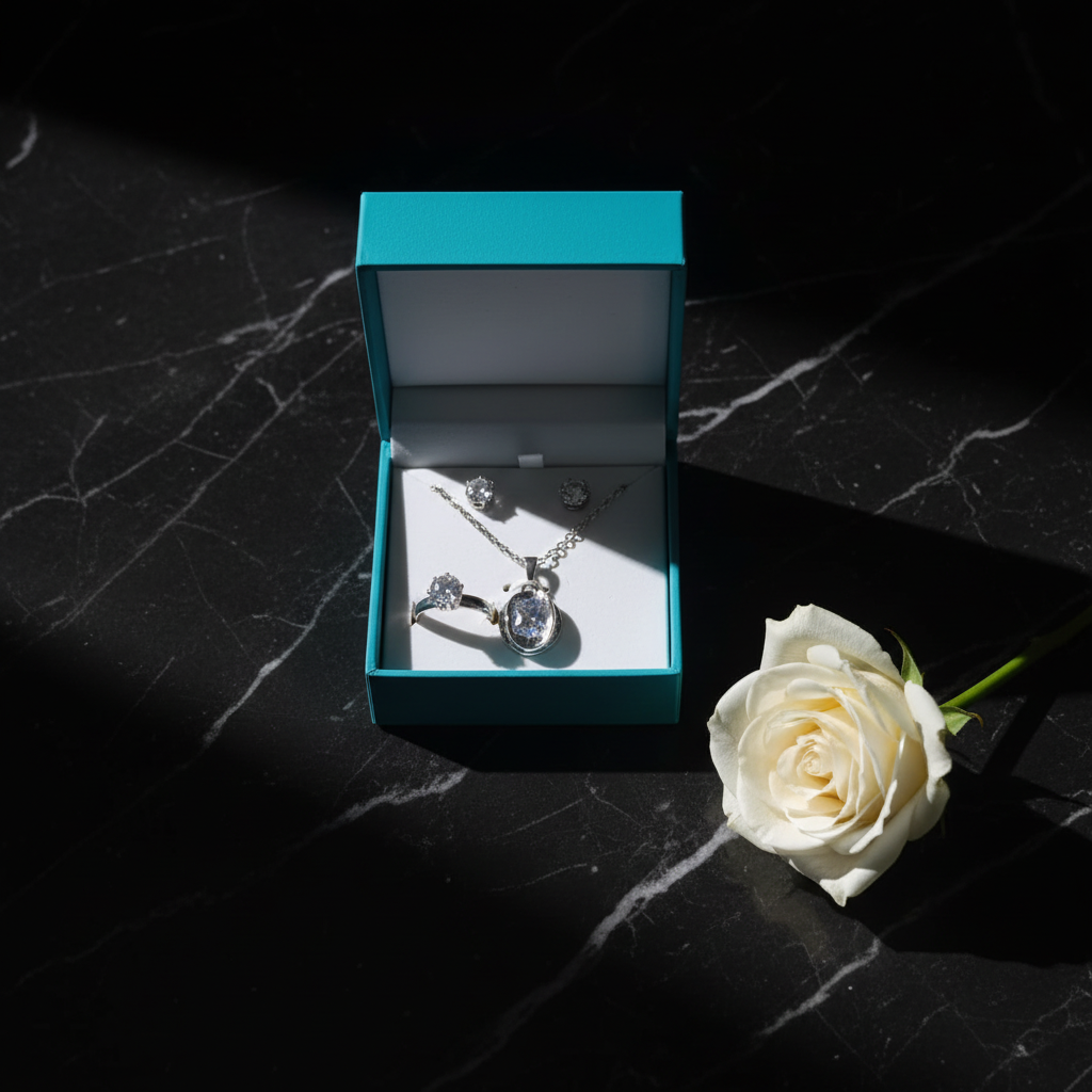 Silver zirconia jewelry set in teal gift box - top view