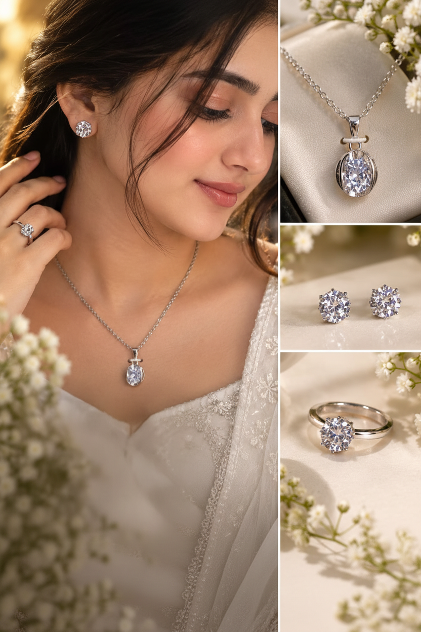 Woman wearing complete silver zirconia jewelry set